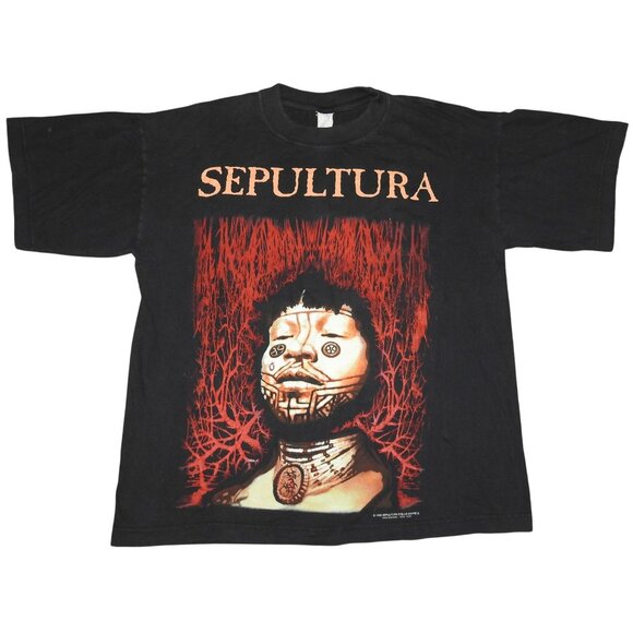 Vintage 1996 Sepultura Roots Metal Band Brazil Blue Grape T-Shirt Size Large - Picture 1 of 8